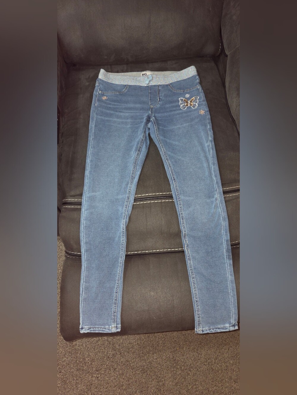 Light Blue Girls's Stretch Denim Jeans w/ Butterfly Embroidery Sz 18